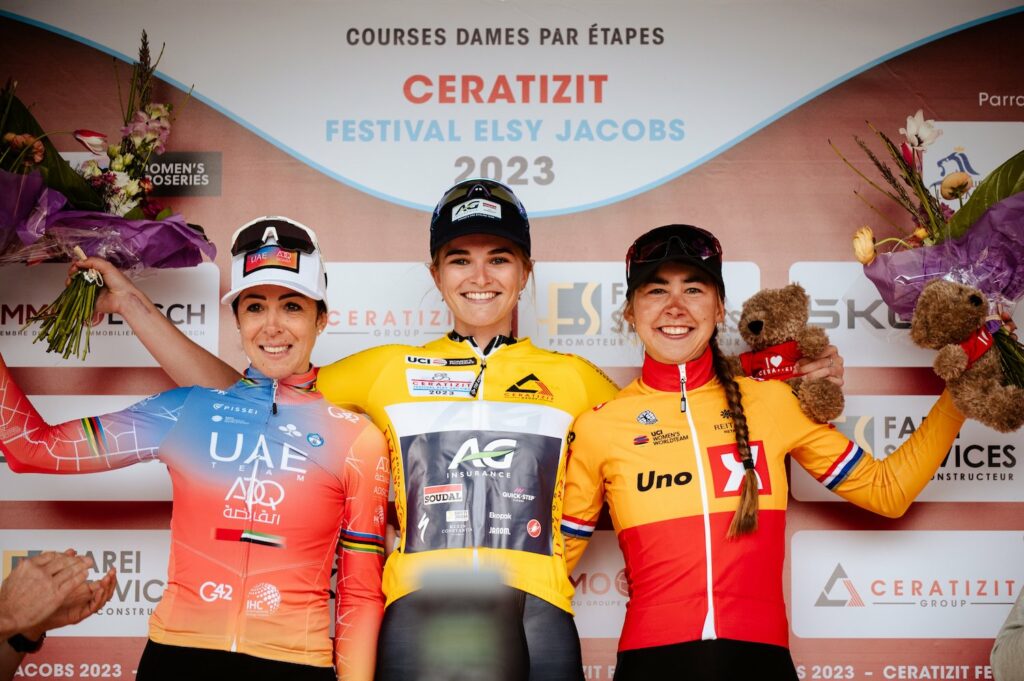 Aggressive Elsy Jacobs performance being Ally Wollaston a first stage race overall victory 